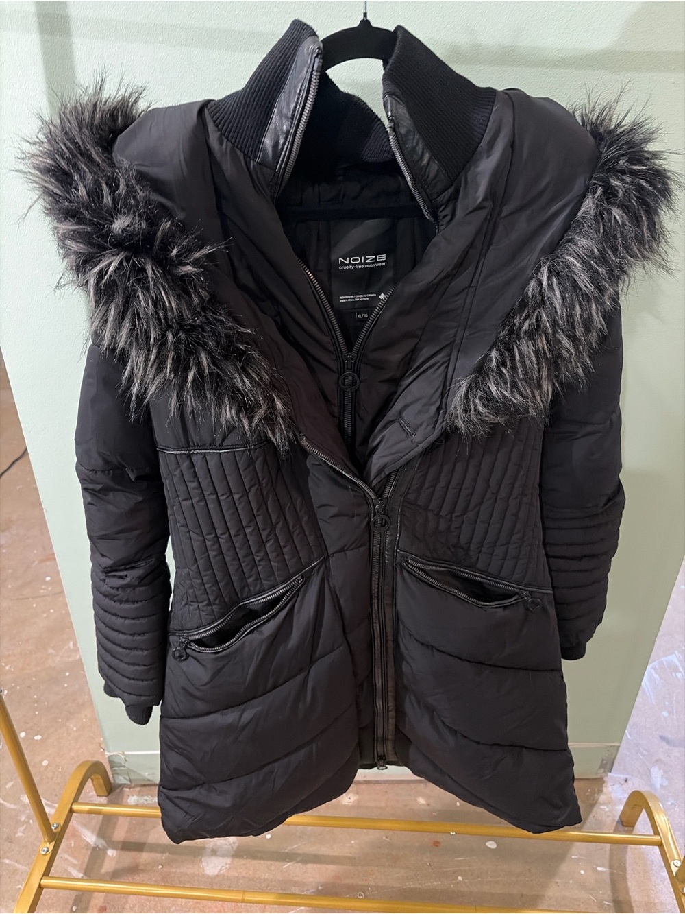 Noize Black Quilted Puffer Coat with Faux-Fur Trim Hood